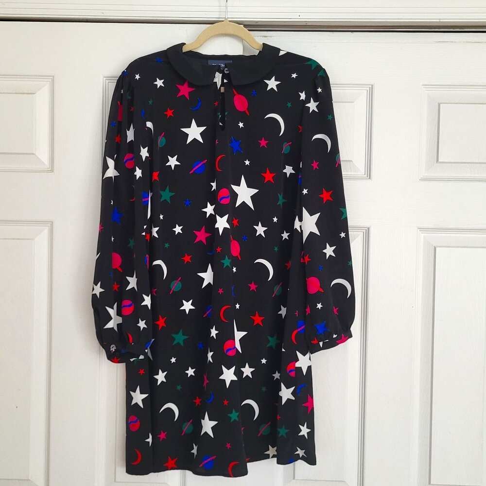 Black Collared Modcloth Shirt Dress Tunic Stars / Moons / Galaxy print